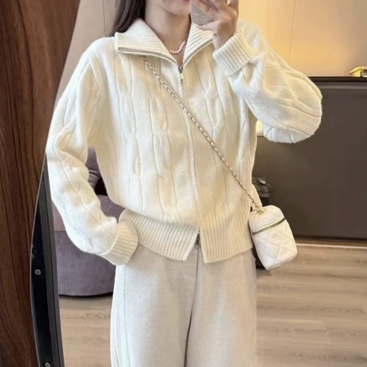 Solid Color Casual Double Zipper Twist Knitted Cardigan Jacket Fashion All-match Autumn and Winter New Elegant Sweater Top for Women