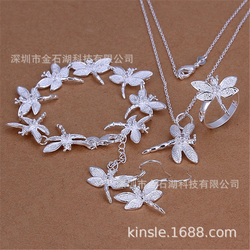 Jsh European and American Fashion Silver-Plated Dragonfly Inlaid Stone Bracelet Necklace Earrings Ring Set Jewelry Cross-Border Jewelry