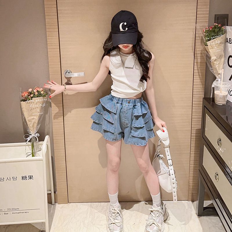 Girls Denim Shorts Summer Lace Culottes
