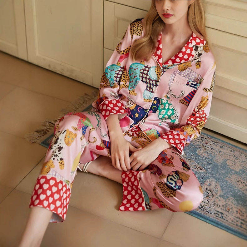 2024 European and American New Summer Dressing Leopard Pajamas suit Printed Silk Long Sleeve Pants Home Clothes Women's Cross-border