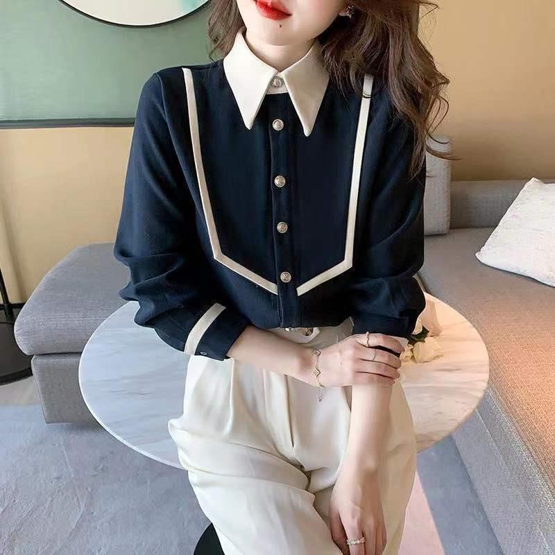 2024 Spring and Autumn New Corduroy Retro POLO Collar Long Sleeve Shirt Women's Fashion Color-matching Age-reducing Elegant Tide Top