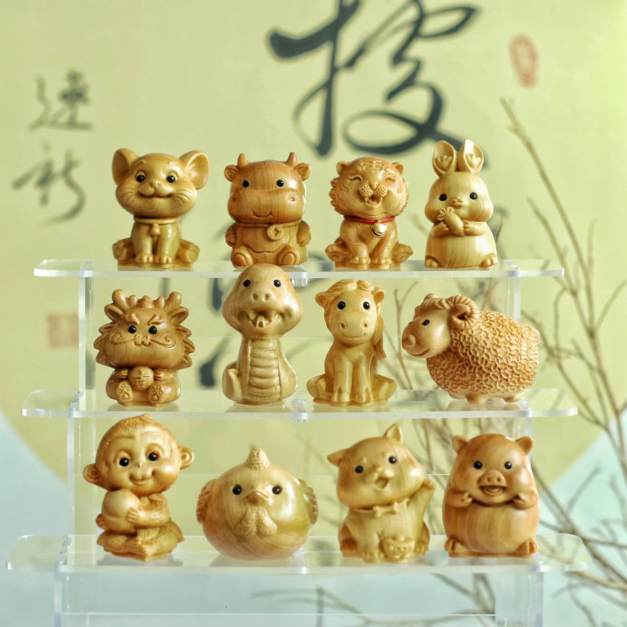 Picture of Thuja Wood Carving Zodiac Handhandle Cute Small Animal Desktop Ornaments Crafts Birthday Gift Pendant