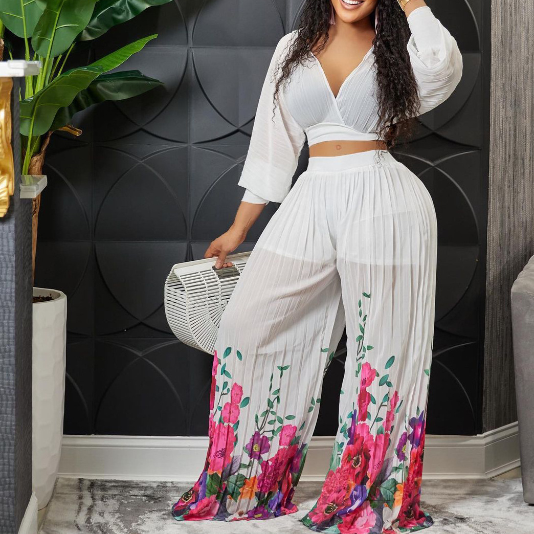 Foreign Trade Fashion Suit 2024 New Women's V-neck Bat Sleeve Chiffon Top Pleated Wide Leg Pants Cross-border Two-piece Set