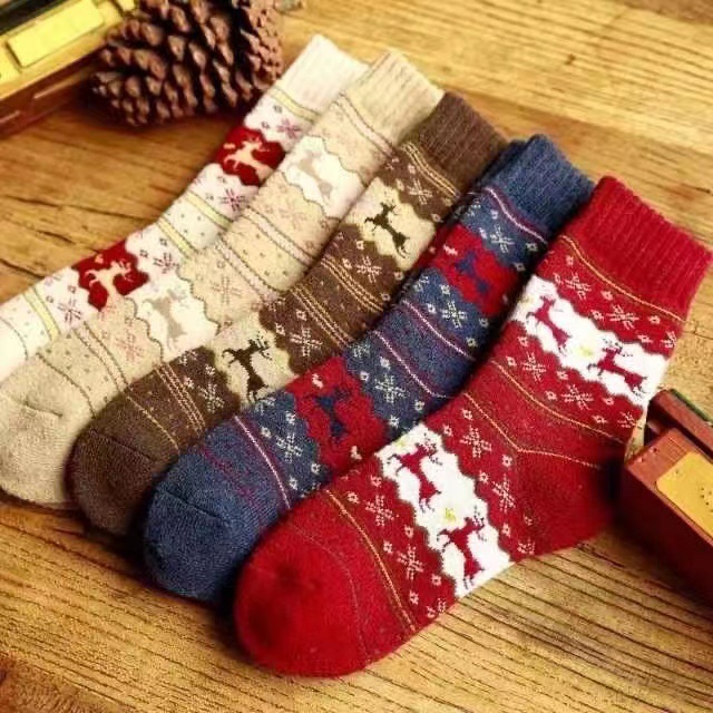 Christmas Elk Mid-length Socks Double Dan Festival Gifts Autumn and Winter Thick Cotton Socks Japanese Style Cute Bear Girls Warm Socks