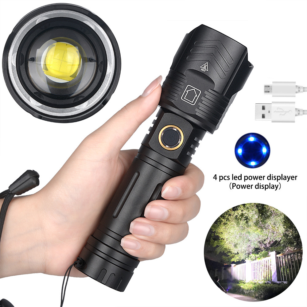 Cross-border new P90.2 strong light flashlight USB charging power display P90 zoom 26650 LED flashlight