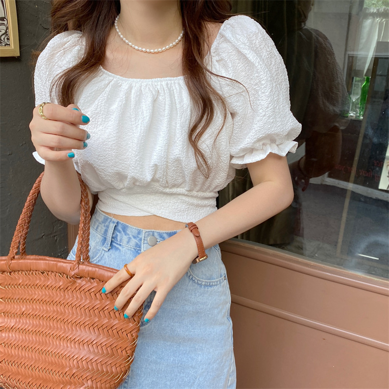 Real Price White Puff Sleeve Shirt Women's Design Niche Summer 2024 New French Gentle Style Short Top