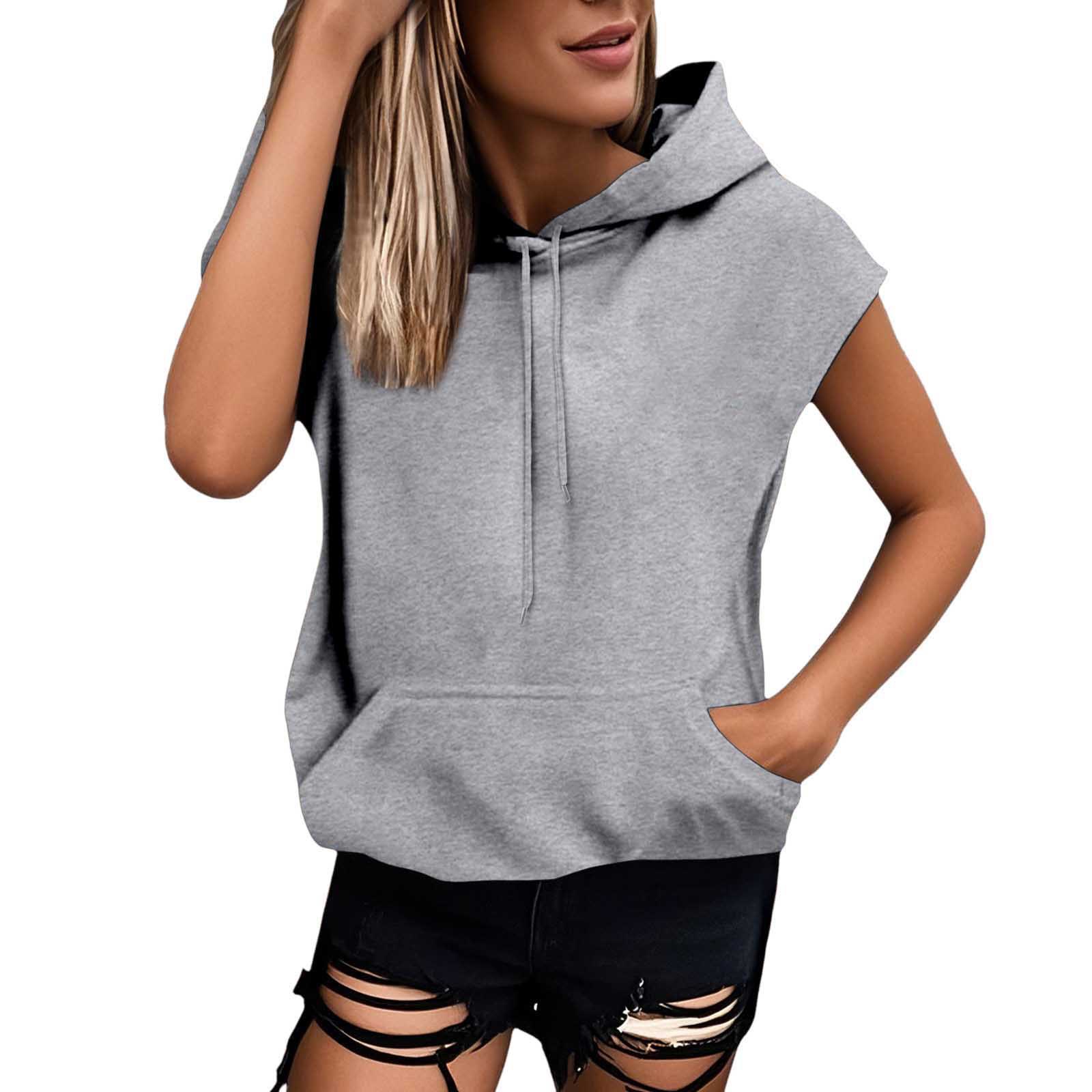 Picture of 2025 Cross-Border Foreign Trade New Product European Size Large Size Sleeveless Hooded Thin Summer Sweatshirt with Pockets for Women