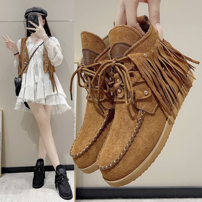 Europe and the United States 2024 autumn and winter fashion new flat short tube tassel boots casual comfortable plus size foreign trade cross-border women's shoes