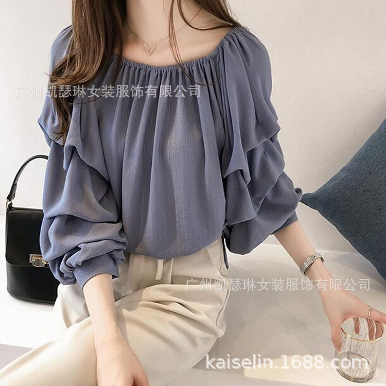 Picture of 2024 Spring and Autumn New Korean Style Elegant Off-Shoulder Chiffon Blouse for Women, Loose Bubble Top, Slimming Solid Color Trend