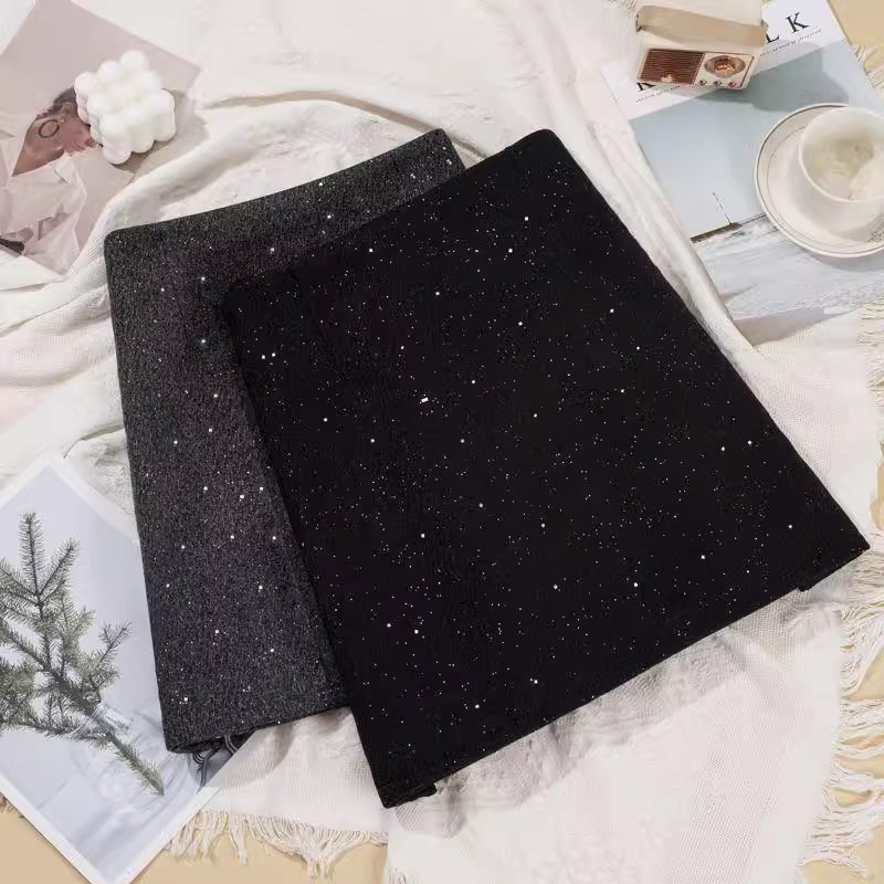 Sequins Fine Flash Tweed Chanel Style Skirt Women's Autumn and Winter All-match Slim A- line Skirt Women's Woolen Short Skirt
