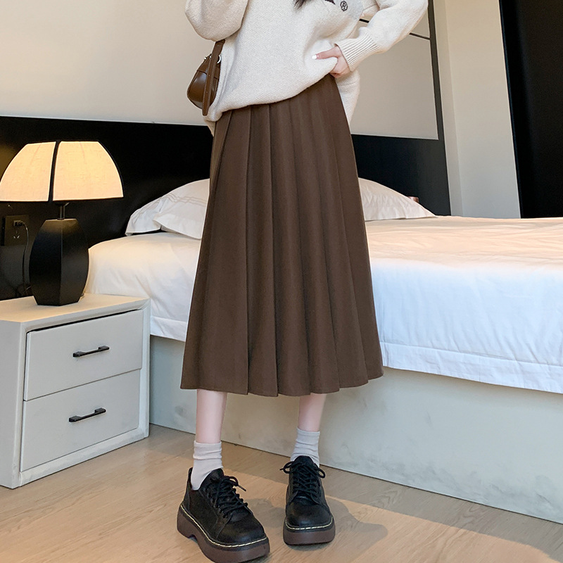 Woolen Skirt Women's Autumn and Winter New Thickened Warm Pleated Skirt Elasto High Waist Slimming Loose Midi Overskirt
