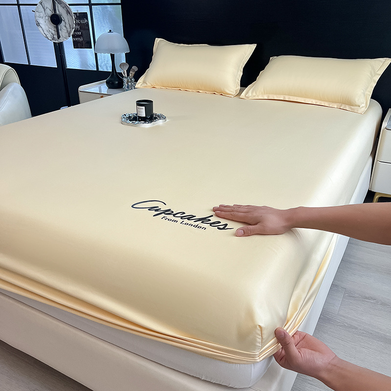 Picture of Summer New Ice Silk Fitted Sheet Three-Piece Set with Letter Embroidery Mattress Protector Single Dormitory Bed Sheet Bed Cover