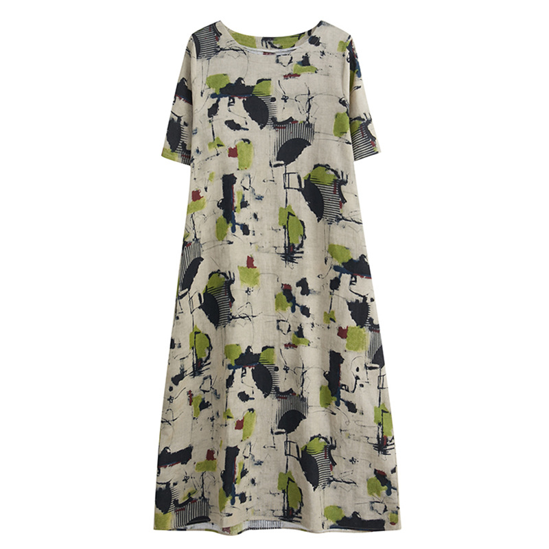 Picture of Summer New Fat mm Cotton and Linen Retro Printed Artistic Over-The-Knee Mid-Length Short-Sleeved Dress for Women with Elegant