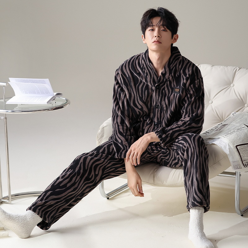 Winter Pajamas Men's Coral Fleece Long-sleeved Pants Kimono Collar Cardigan Thick Outfit Men's Home Clothes suit