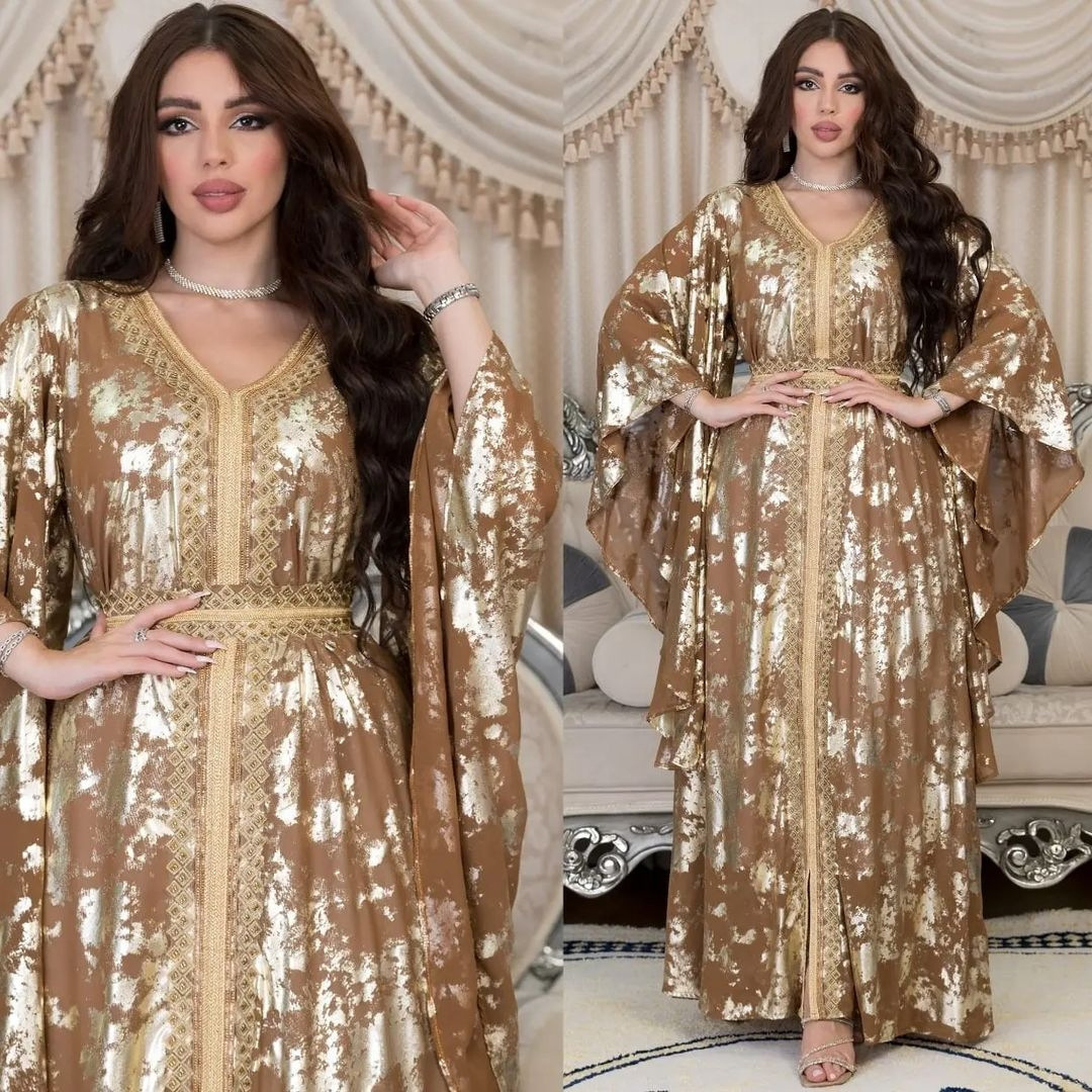 Picture of AB286 cross-border Middle East 2023 spring new Muslim chiffon bronzing robe with belt dress