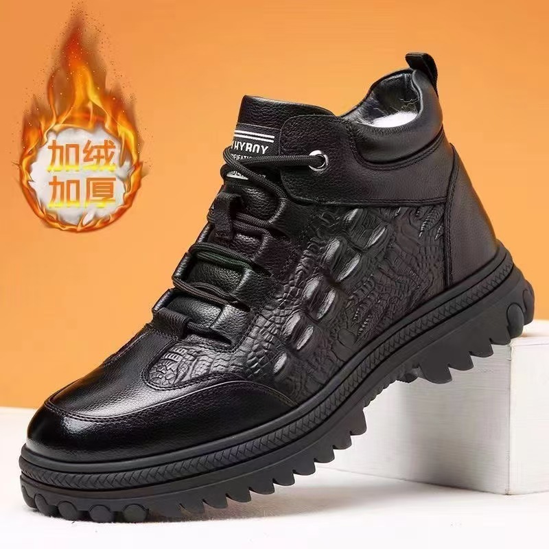 Cotton Leather Shoes Men's Winter Thickened Fluffy Cotton Leather Shoes Men's Business High-Top Men's Shoes Non-Slip Soft Sole Lace-Up Leather Boots