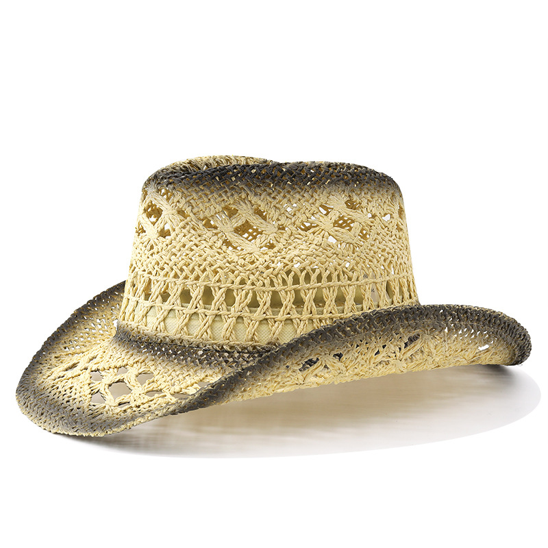 Picture of European and American Retro Western Cowboy Hat Sunscreen Hollow-out Jazz Hat Cross-border Malan Flower Windproof Rope Denim Straw Hat