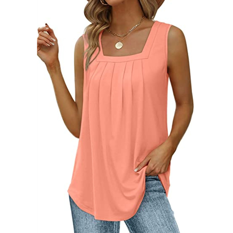 2023 Amazon Women's Cross-border Summer Vest Loose Pleated Square Collar Sleeveless Top Curved Hem