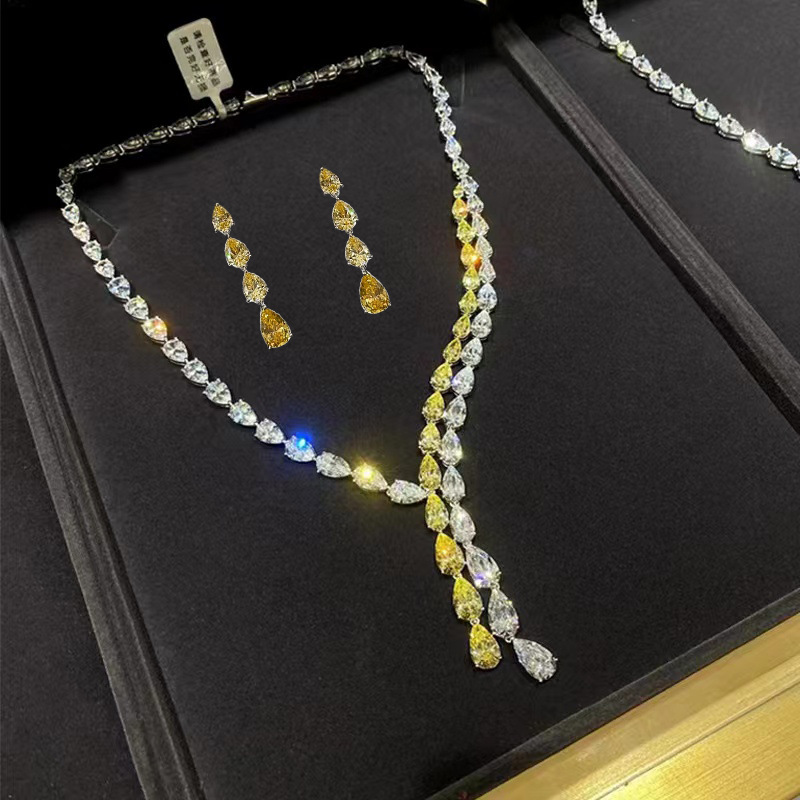 GRA High Jewelry Necklace suit Sexy Y-shaped Yellow and White Diamond Set Chain Light Luxury Color Treasure Earrings Stud Earrings for Women