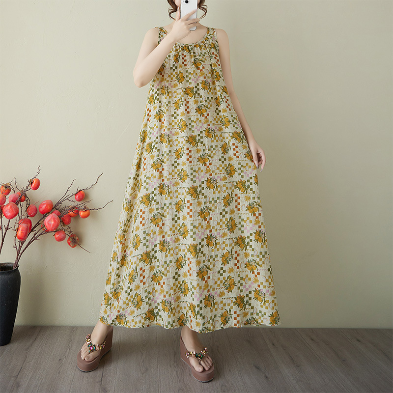 Real Shot of 2025 Summer Fashion New Loose Plus Size Women's Cotton and Linen Artistic Shoulder Strap Sleeveless Dress