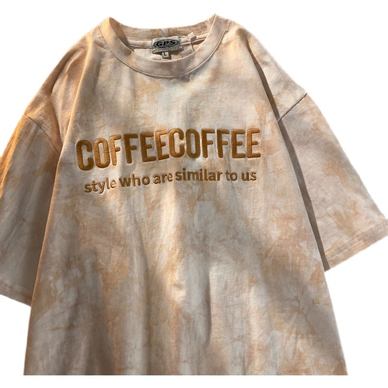 Tie-dyed Top Embroidered Letters Couple's Clothing Girlfriend Photo Short-sleeved T-shirt Women's Summer Loose Base Shirt Top Women's Clothing
