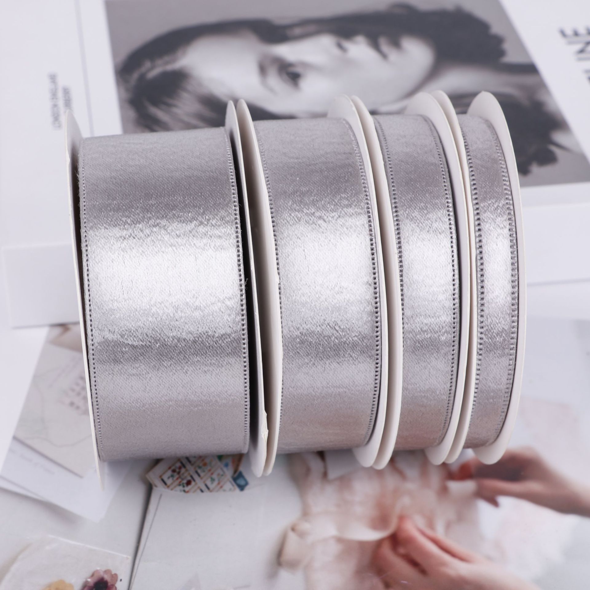 Korean Silver Double-Sided Mercerized Ribbon Ribbon High-End Metal Satin Bow Hair Accessories Headdress Clothing Accessories