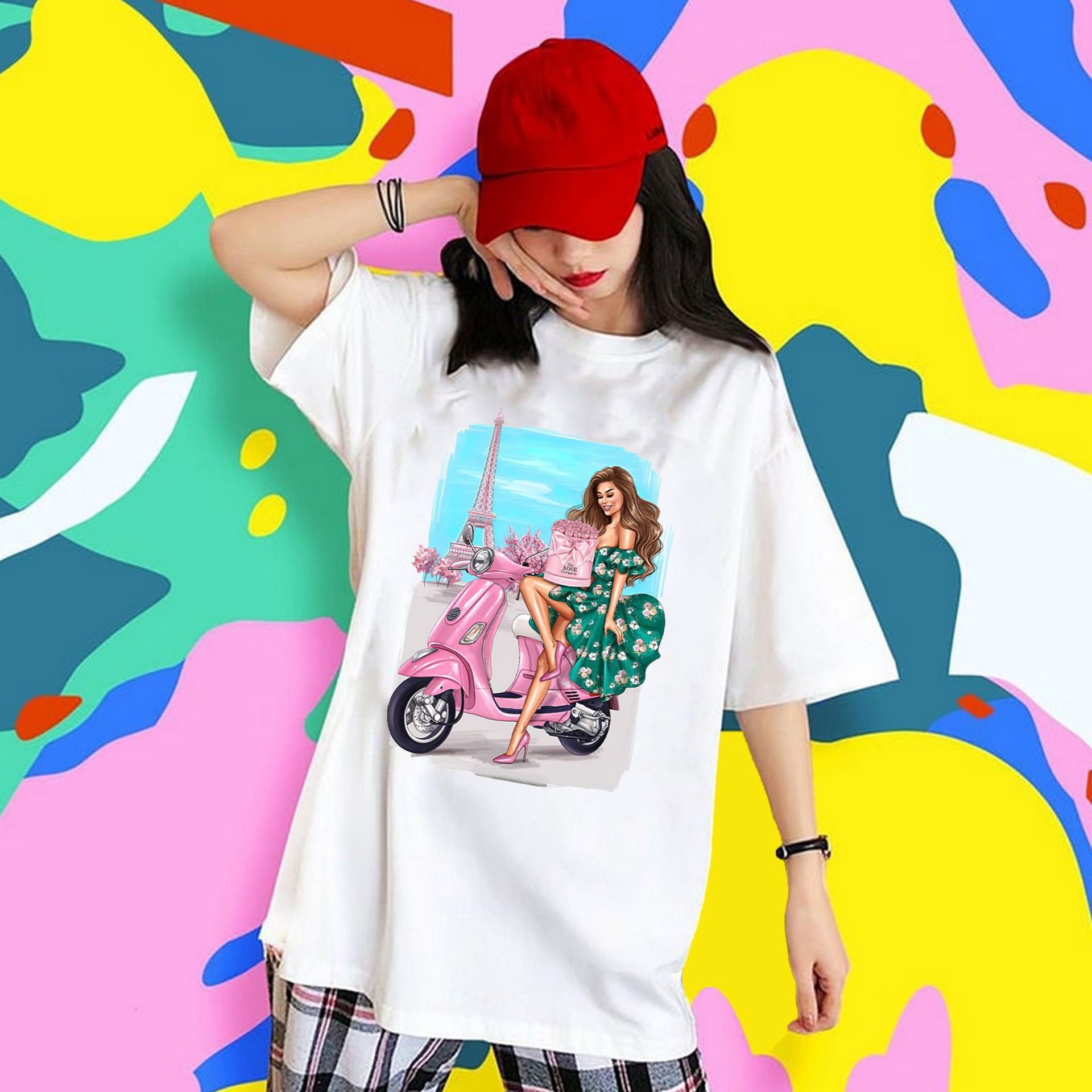 2022 Spring and Summer Cross-border New shirt Shoulder Figure Landscape Printed T-shirt Loose Pattern Women's T-shirt