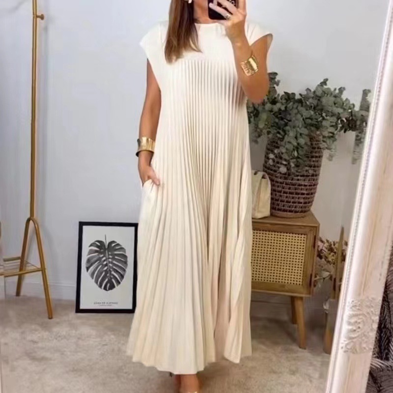 Amazon Women 2024 European and American style spring new pure color elegant fashion round neck short sleeve pleated loose dress