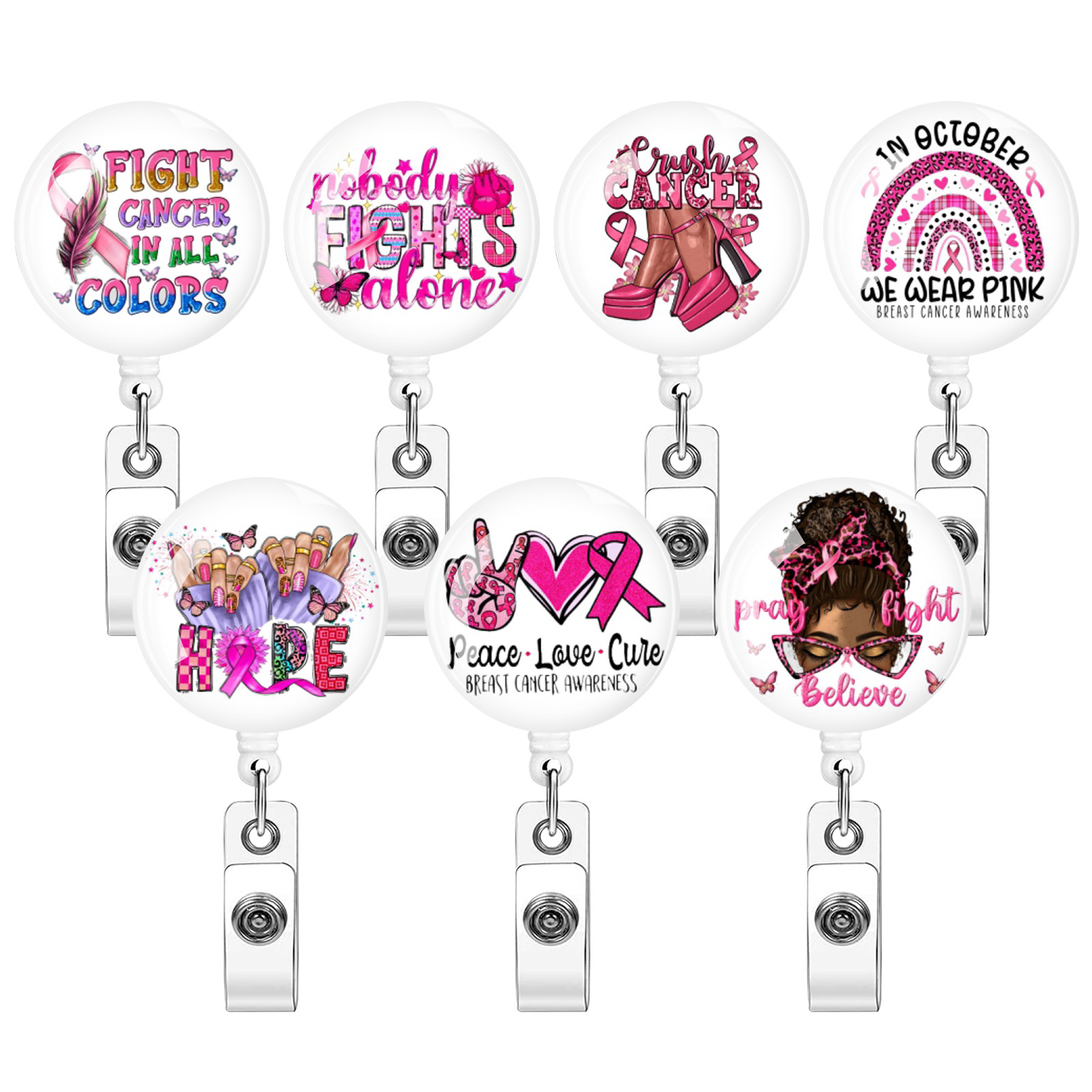 Inspirational text Pink Ribbon Rainbow breast nurse doctor student ID office ID card telescopic clip easy pull buckle