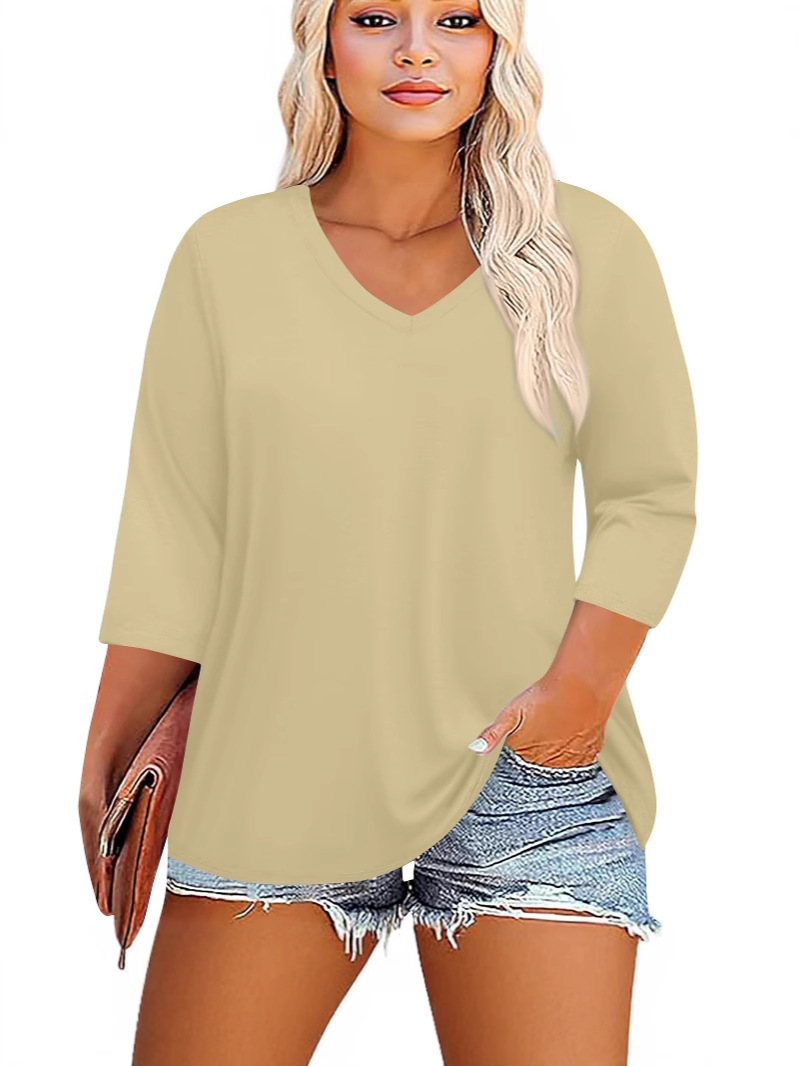 Picture of 2025 Cross-Border Amazon New Women's Large Size Fat Model V-Neck 7-Quarter Sleeve Pure Color Top
