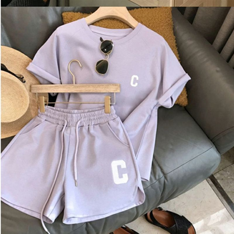 Letter Fashion Casual Short-Sleeved Shorts Two-Piece Set for Women 2025 Summer New Loose Simple Export Large Size Suit