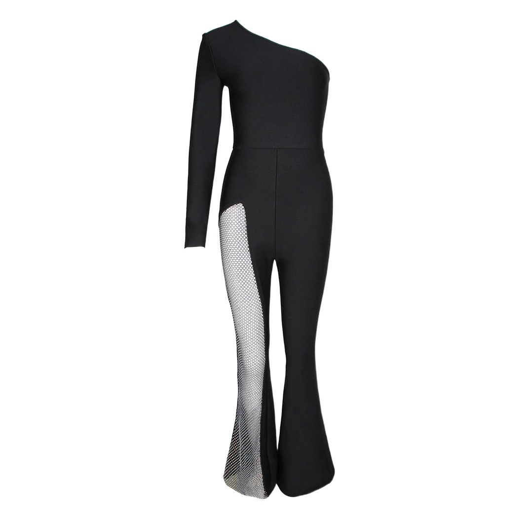 Picture of European and American Foreign trade jumpsuit shoulder sleeve mesh sequined flared pants AliExpress popular temperament bandage jumpsuit for women