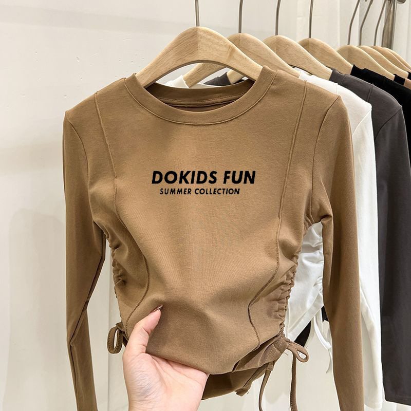 German Velvet Girls' Drawstring Slim-Fit Long-Sleeved T-Shirt Autumn and Winter New Arrival Trendy Short Thickened Base Shirt for Zhongda Children