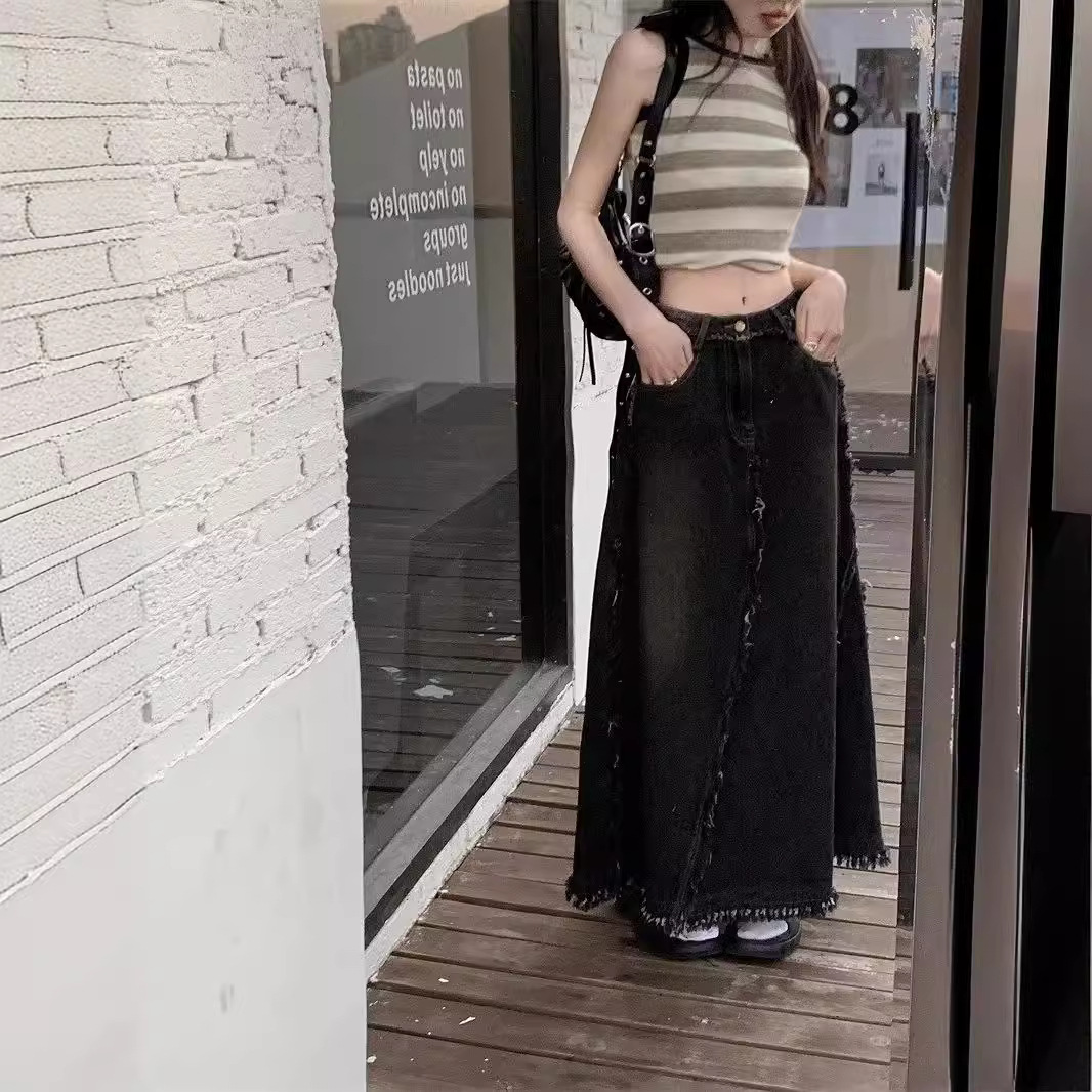 Black Grey High Waist Niche Design Denim Skirt Women's Summer Hong Kong Style Retro A- line Skirt Long Skirt