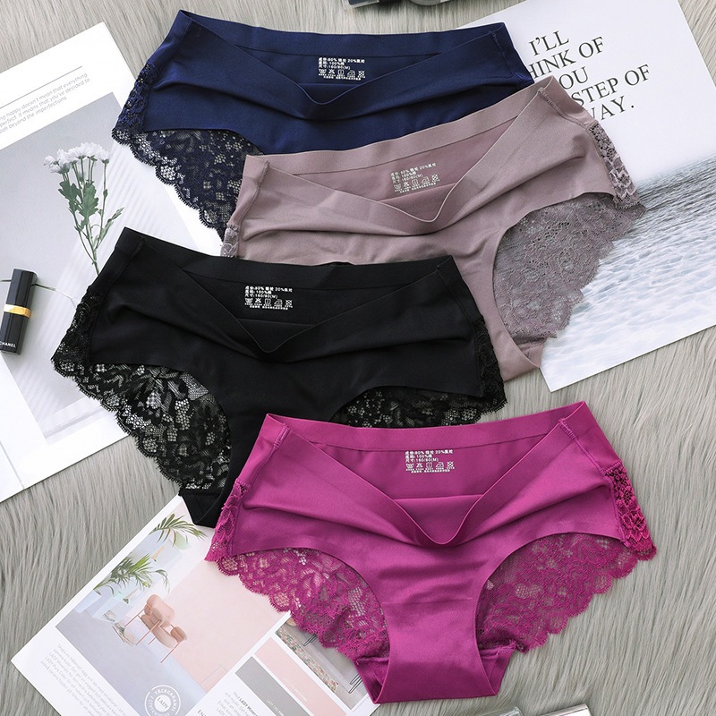 Ice Silk Underwear Women's Mid-waist Traceless Lace Sexy Breathable Large Size Less Women's Briefs Cross-border New