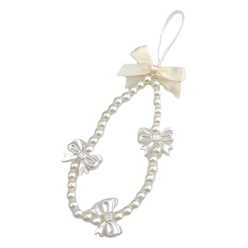 Trendy New Girl's Heart Pearl Bow Mobile Phone Lanyard Handmade Beaded Mobile Phone Chain Short U Disk Pendant for Women