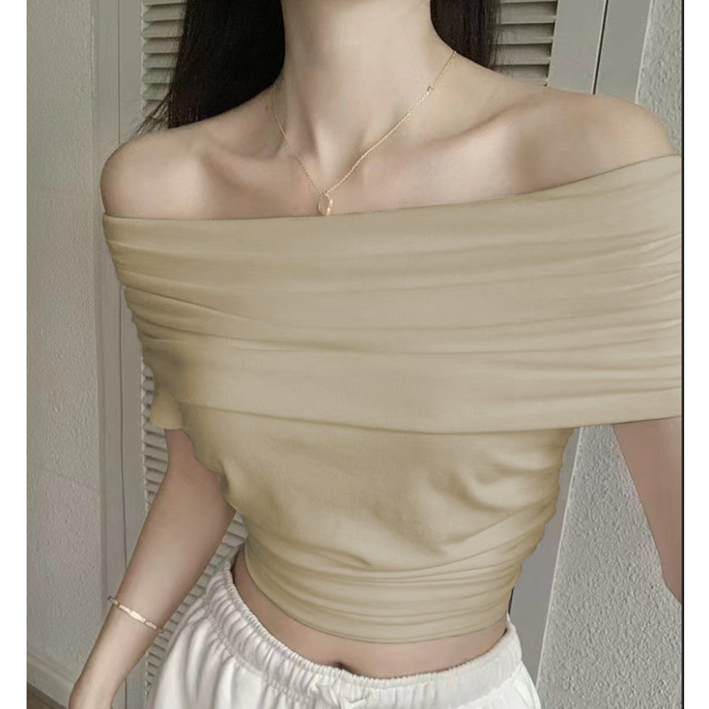 Picture of Shoulder Collar Chic Beautiful Knitted Top 2024 Summer New Slim-fit Slimming Sexy Short-sleeved Shirt for Women