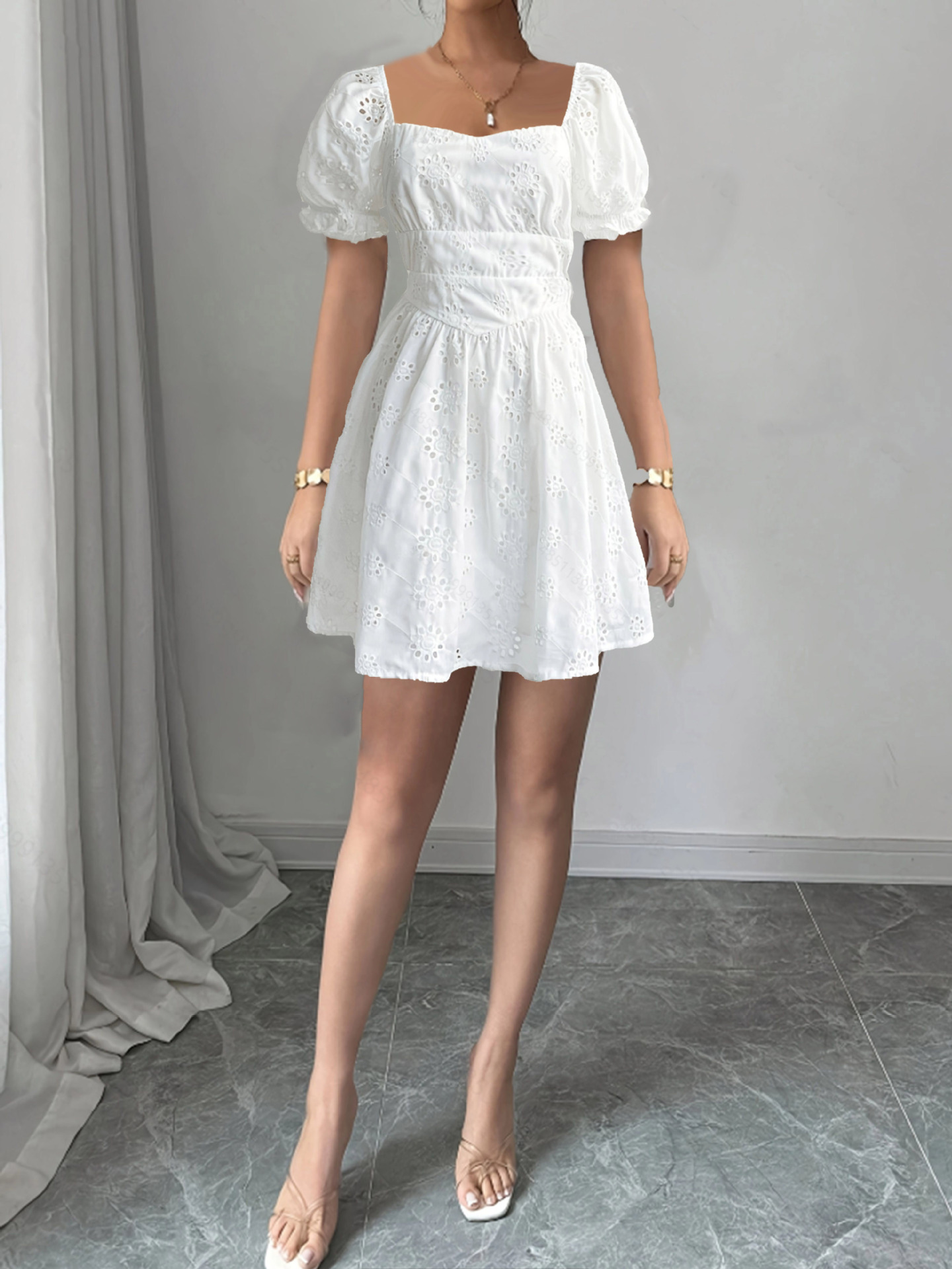 Independent Station Amazon Summer New European and American Women's Fairy Dress French Sweet Square Collar Solid Color Backless dress