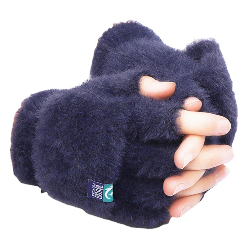 Plush gloves female winter warm student open finger flip gloves outdoor gloves thickened cold-proof popular online