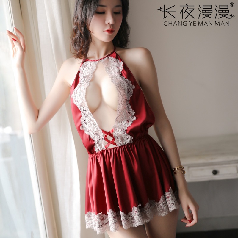 Long Night Sexy Underwear Women's Sexy Lace-Up Hollow Short Skirt Temptation Deep V Backless Sling Nightgown 1373