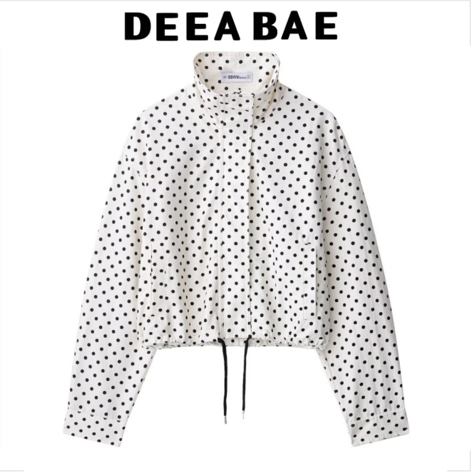 DEEABAE Fall New Women's Drawstring Polka Dot Contrast Seersucker Long Sleeve Jacket 2010713