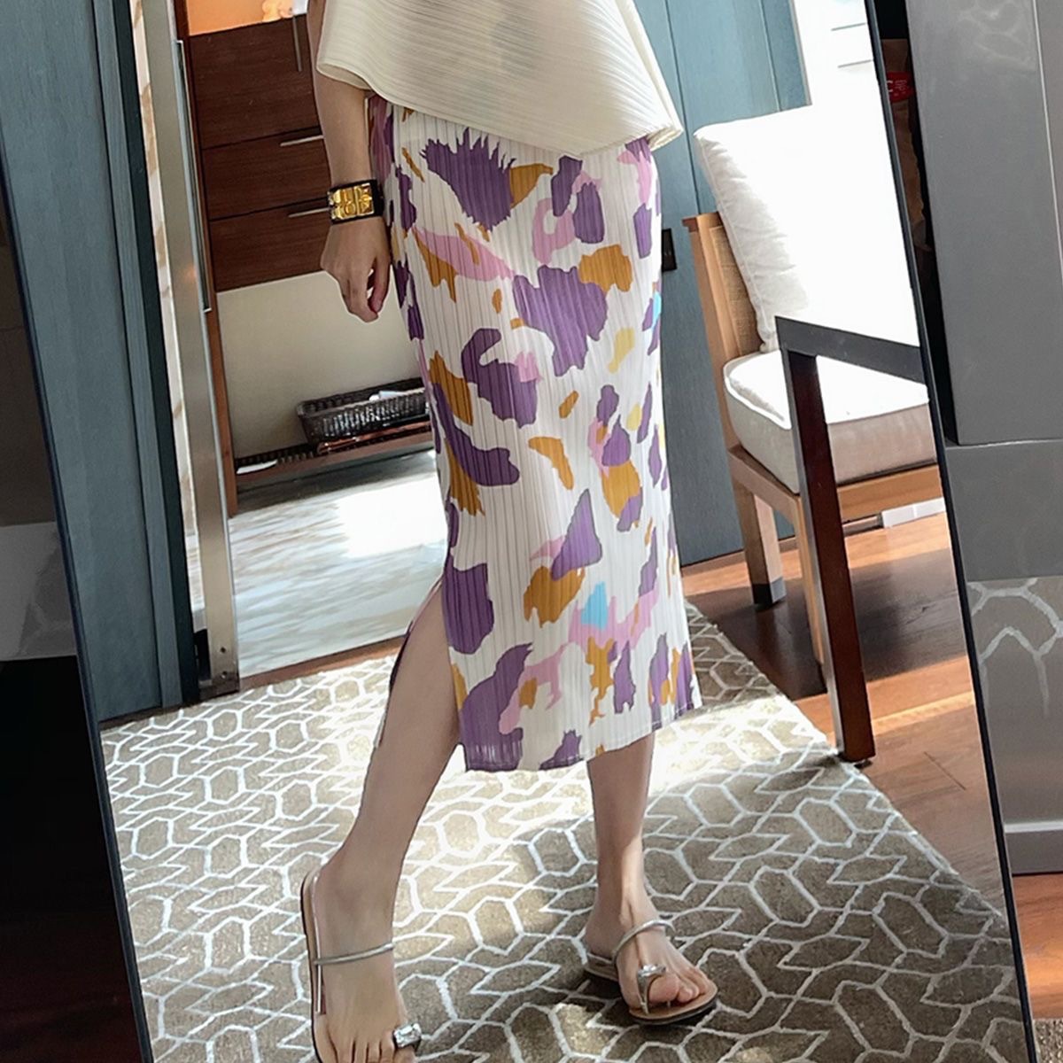 Picture of Niche design pleated skirt spring and summer thin elastic waist printed slimming age-reducing hip slit pleated skirt