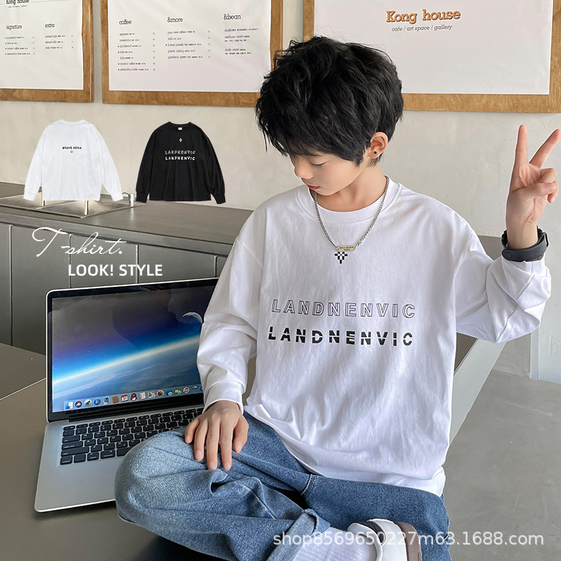 Hai Ma's Boys 2025 Spring and Autumn New Letter Printed Long Sleeve Cotton T-Shirt Children's Korean Style Children's Wear Base Shirt
