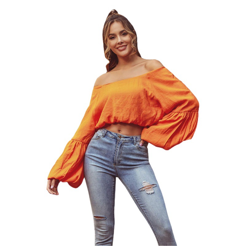 Pre-Sale - 50172 Aliexpress Amazon European and American Cross-Border Women's Clothing Sexy Off-Shoulder Lantern Sleeve Short Shirt Top