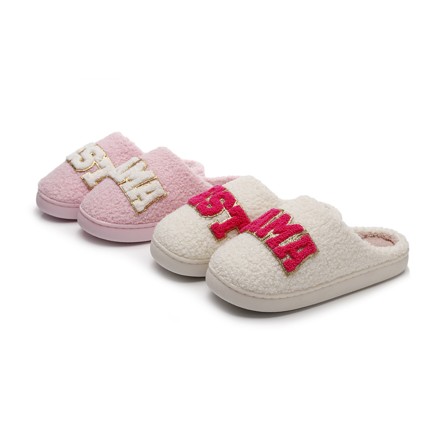 Aliexpress's Hottest Bestmama Glitter Embroidered Cotton Slippers for Women Autumn and Winter Thick-Soled Fur Slippers Cross-Border Source