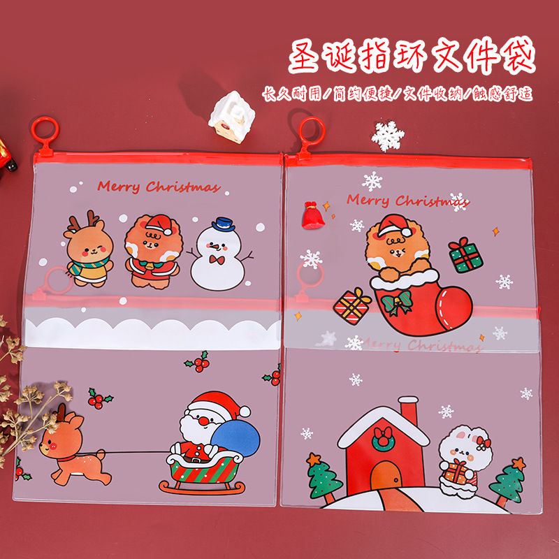 Cartoon Christmas Ring File Bag Student Girl's Heart Zipper Bag Multifunctional Transparent Stationery Storage File Bag