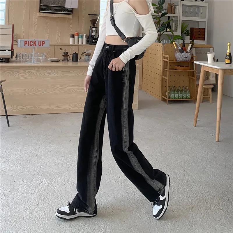 Black straight jeans women's spring and autumn 2024 New retro design pants high waist loose wide leg pants