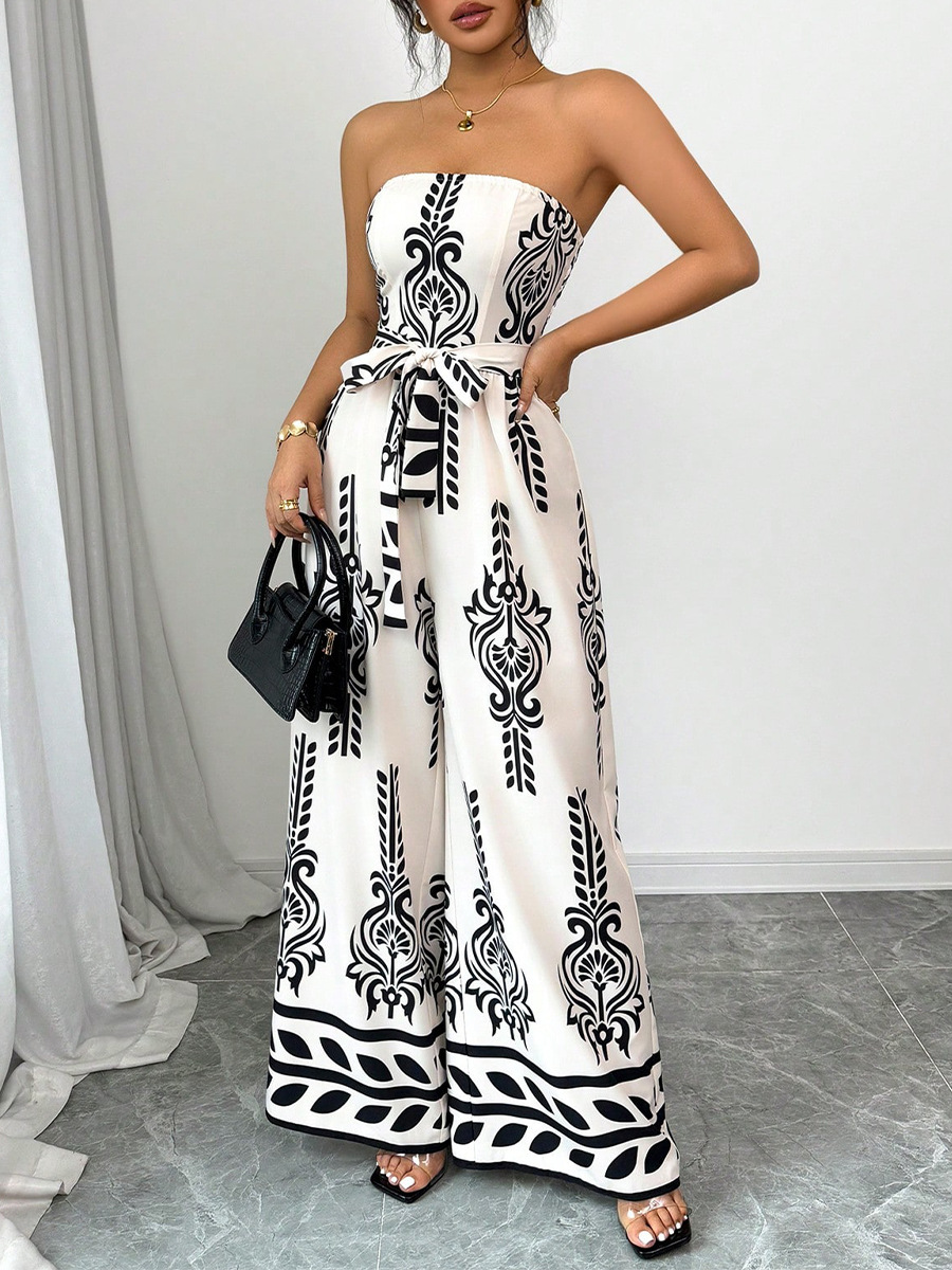 Cross-border foreign trade Amazon women's clothing 2025 spring and summer European and American printed jumpsuit wide leg slim-fit lace-up jumpsuit