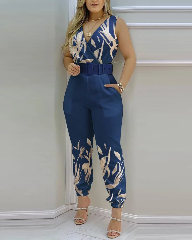Picture of Spring and summer 2022 new independent station Europe and the United States cross-border V-neck backless printed high waist jumpsuit women (including Belt)