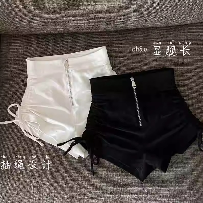 Black drawstring shorts women's summer 2024 new design hot pants zipper high waist slim casual pants